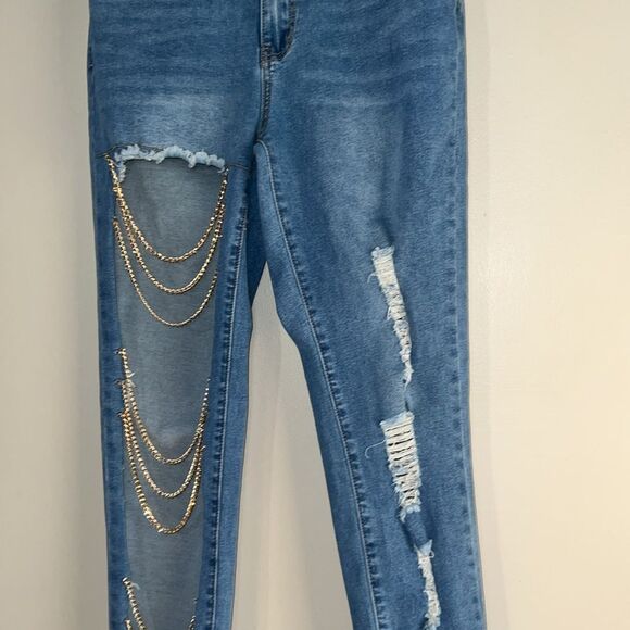 Jeans Women's Size 31 x 32 Blue Skinny Slim Fit High-rise Ripped - Picture 3 of 6